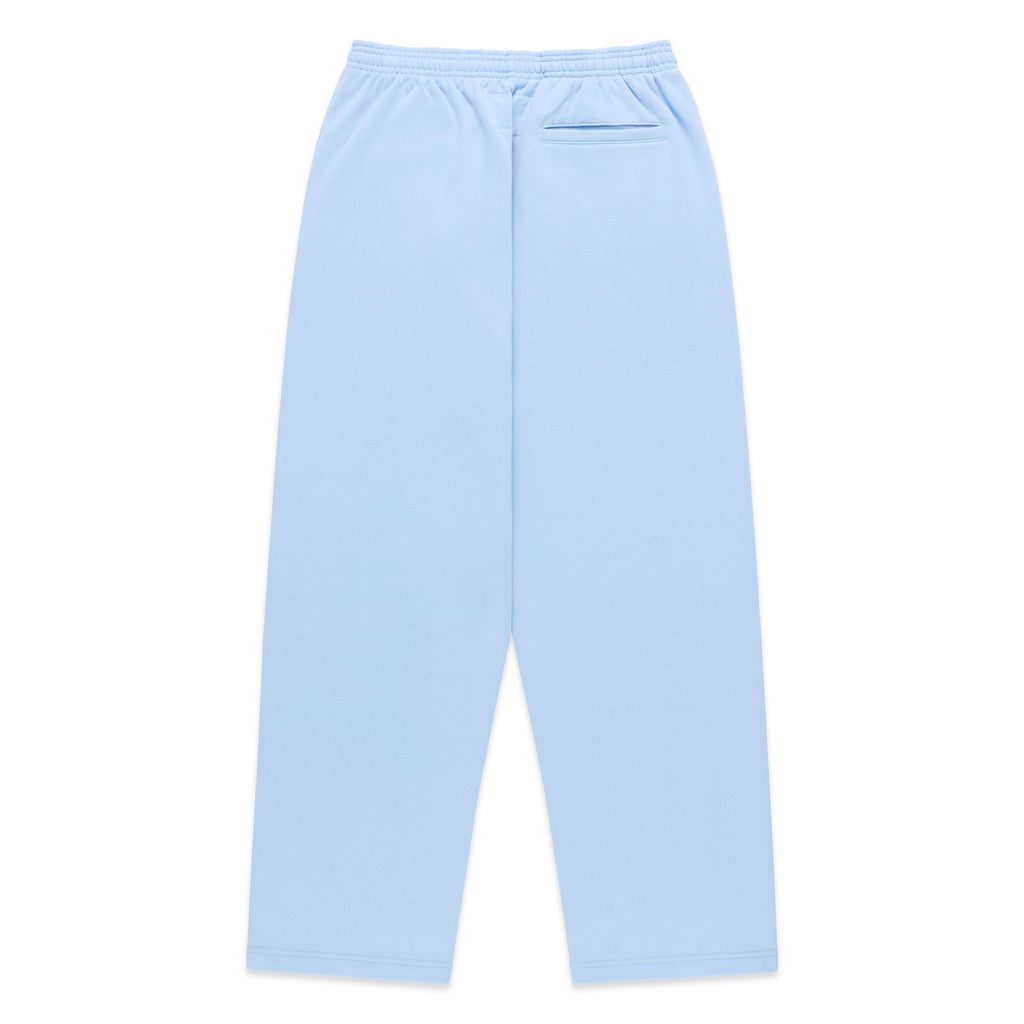 Light blue cotton fleece sweatpants with elasticized waistband and back pocket.