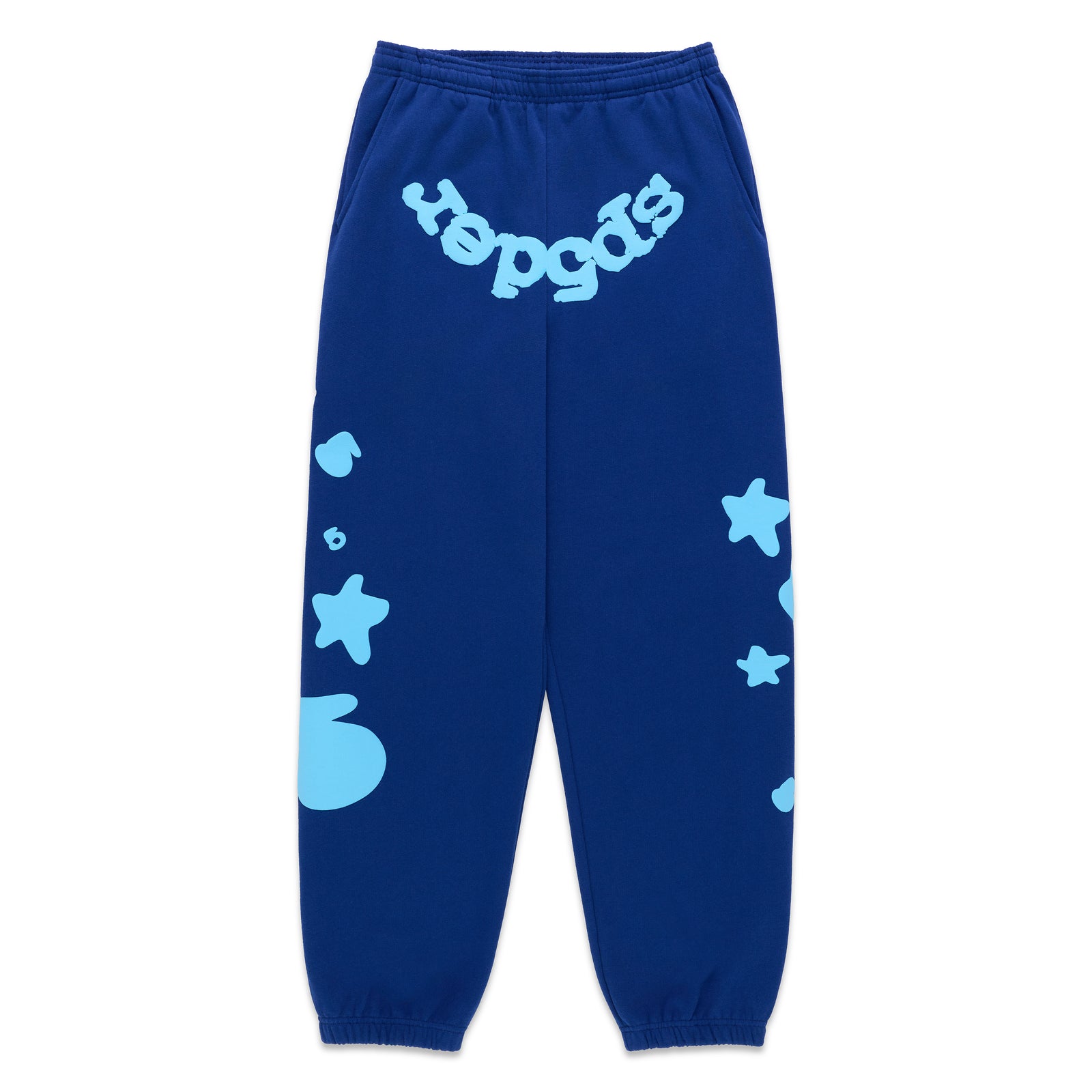 BELUGA V2 SWEATPANT: Blue 100% cotton fleece sweatpants with light blue 'SP5DER' text, '5', and star prints.