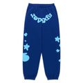 BELUGA V2 SWEATPANT: Blue 100% cotton fleece sweatpants with light blue 'SP5DER' text, '5', and star prints.