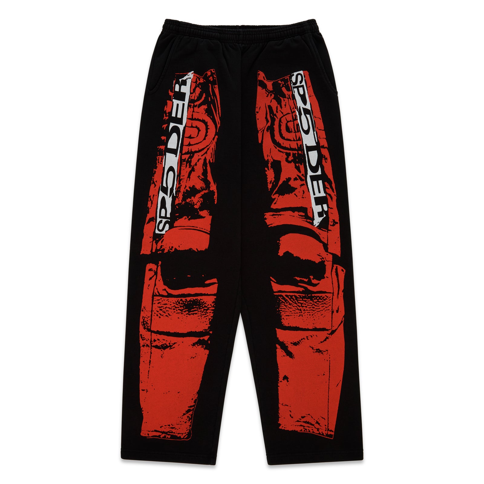 Black JP5 Moto Sweatpants with red painted moto design and "SP5DER" text.