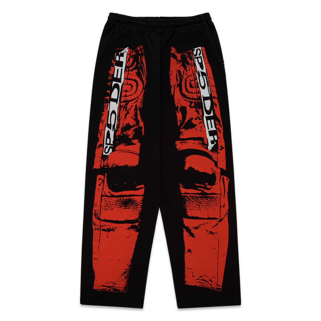 Black JP5 Moto Sweatpants with red painted moto design and "SP5DER" text.