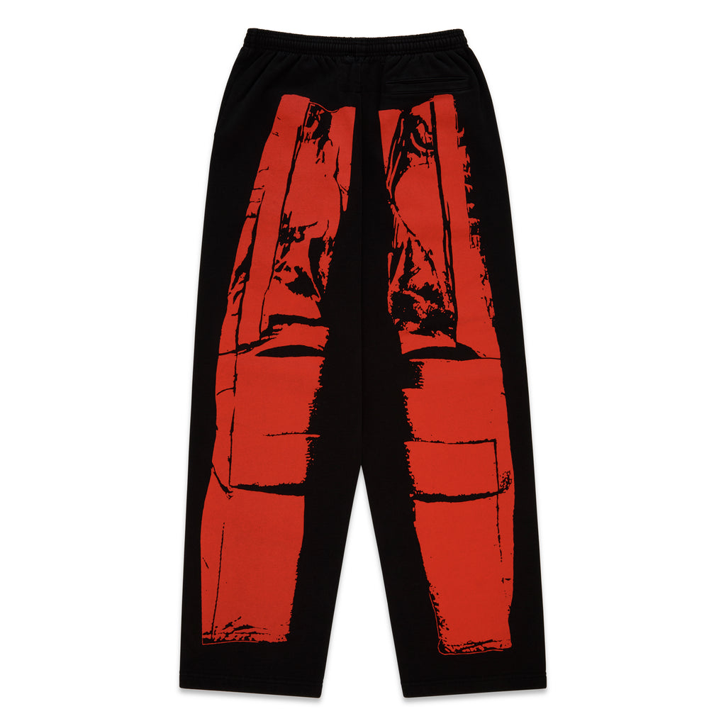 Black JP5 Moto Sweatpants with red painted moto design, wide-leg, and elasticized waistband.