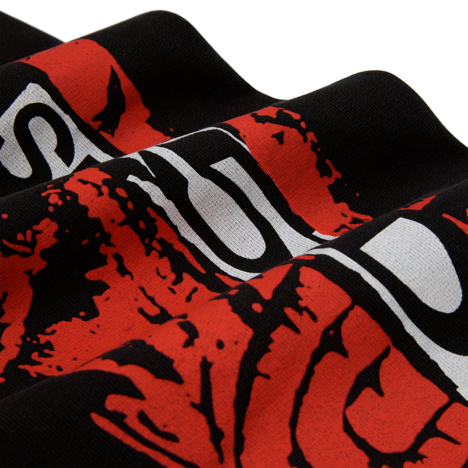 Black 13oz cotton fleece sweatpant with red and white painted moto design.