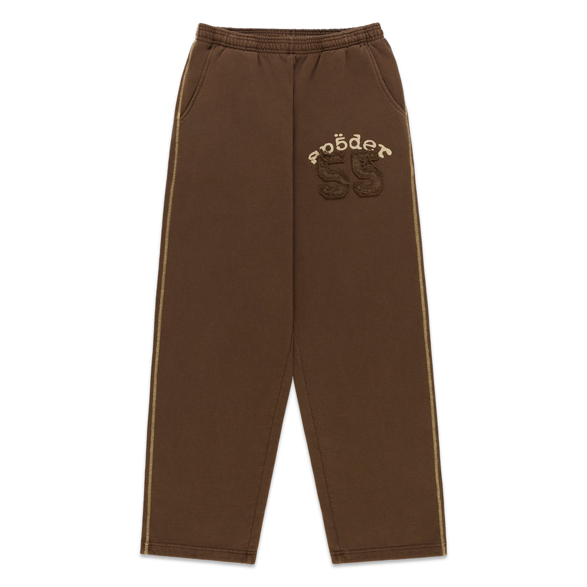 Brown wide-leg cotton fleece sweatpants with contrast stitching, drawstring waist, and distressed 55 graphic applique.