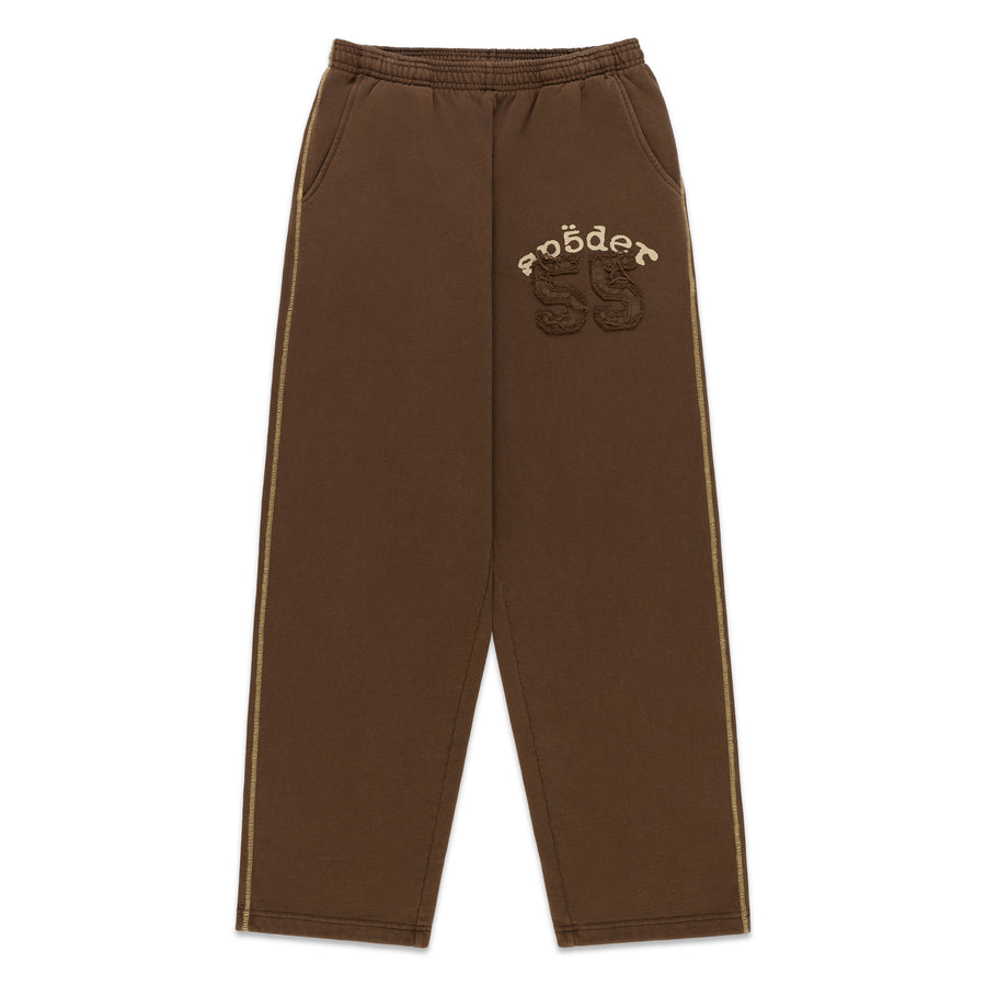 Brown wide-leg cotton fleece sweatpants with contrast stitching, drawstring waist, and distressed 55 graphic applique.