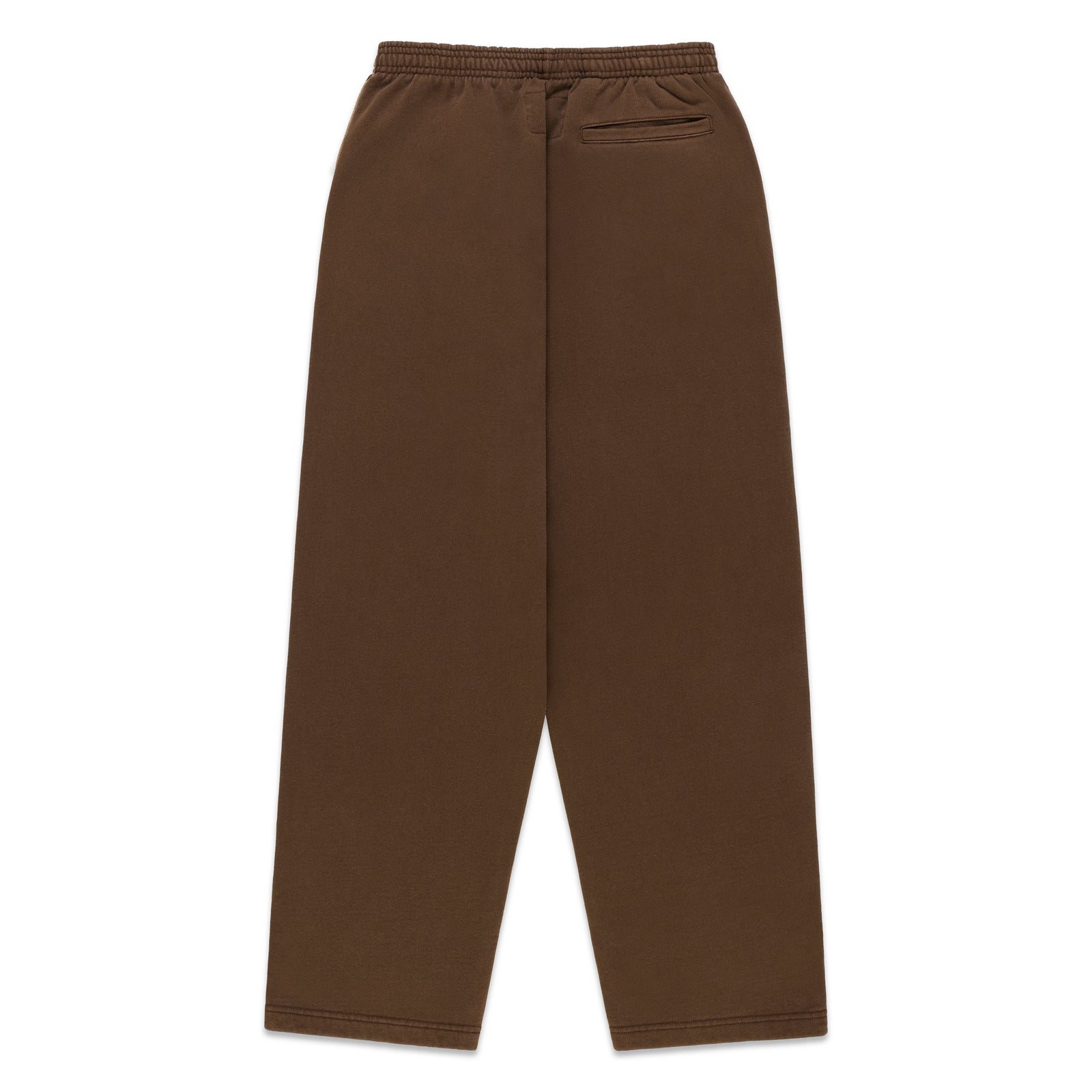 Brown wide-leg cotton fleece sweatpants with an elasticized waistband and back pocket detail.