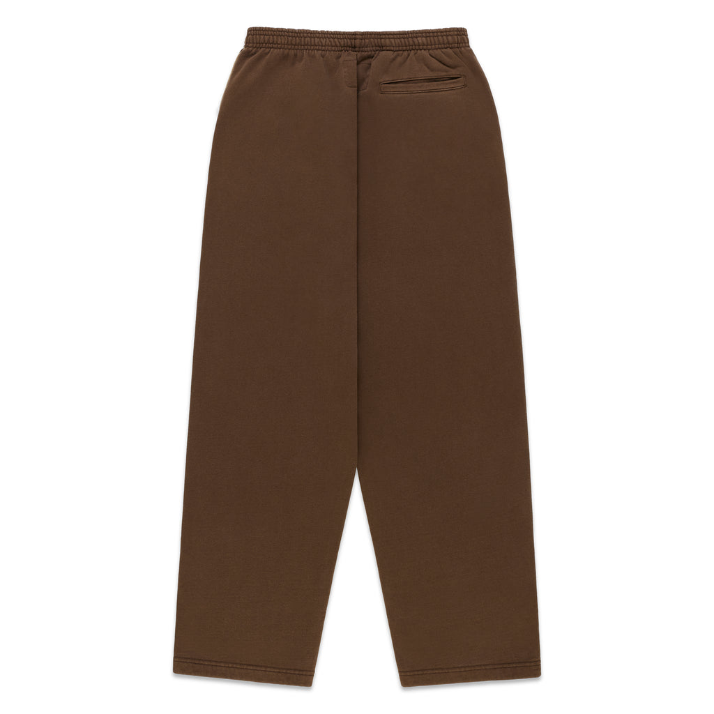 Brown wide-leg cotton fleece sweatpants with an elasticized waistband and back pocket detail.