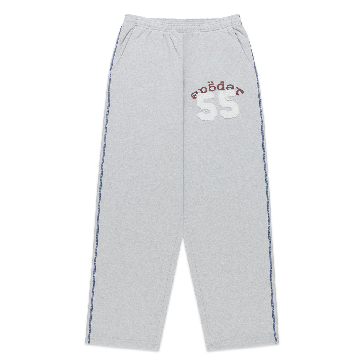 Grey wide-leg cotton sweatpants with contrast stitching, distressed 55 applique, and arched graphic print.