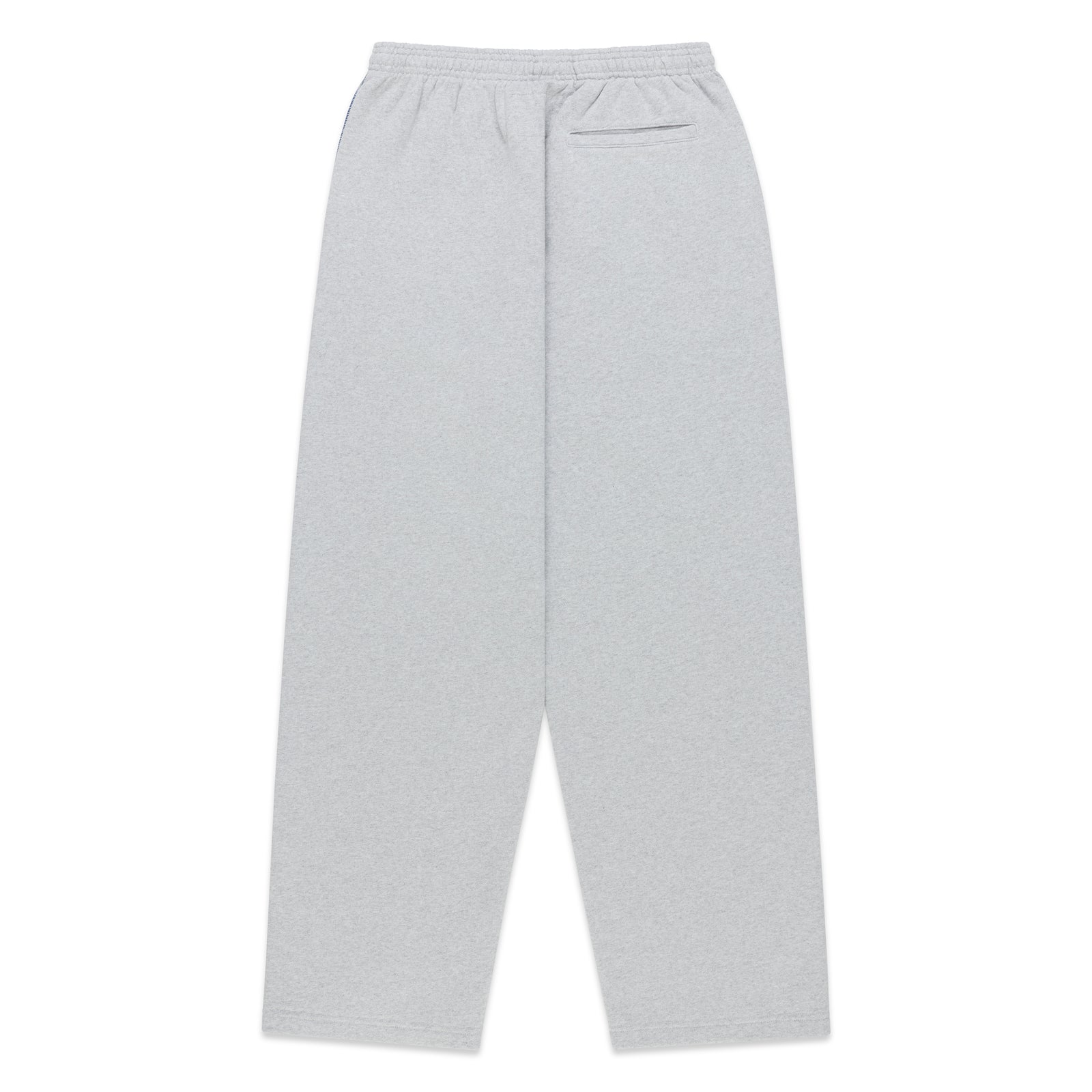 Grey 100% cotton fleece wide-leg sweatpants with an elasticized waistband and back pocket detail.