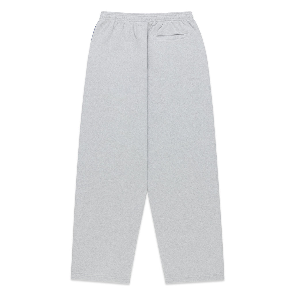 Grey 100% cotton fleece wide-leg sweatpants with an elasticized waistband and back pocket detail.