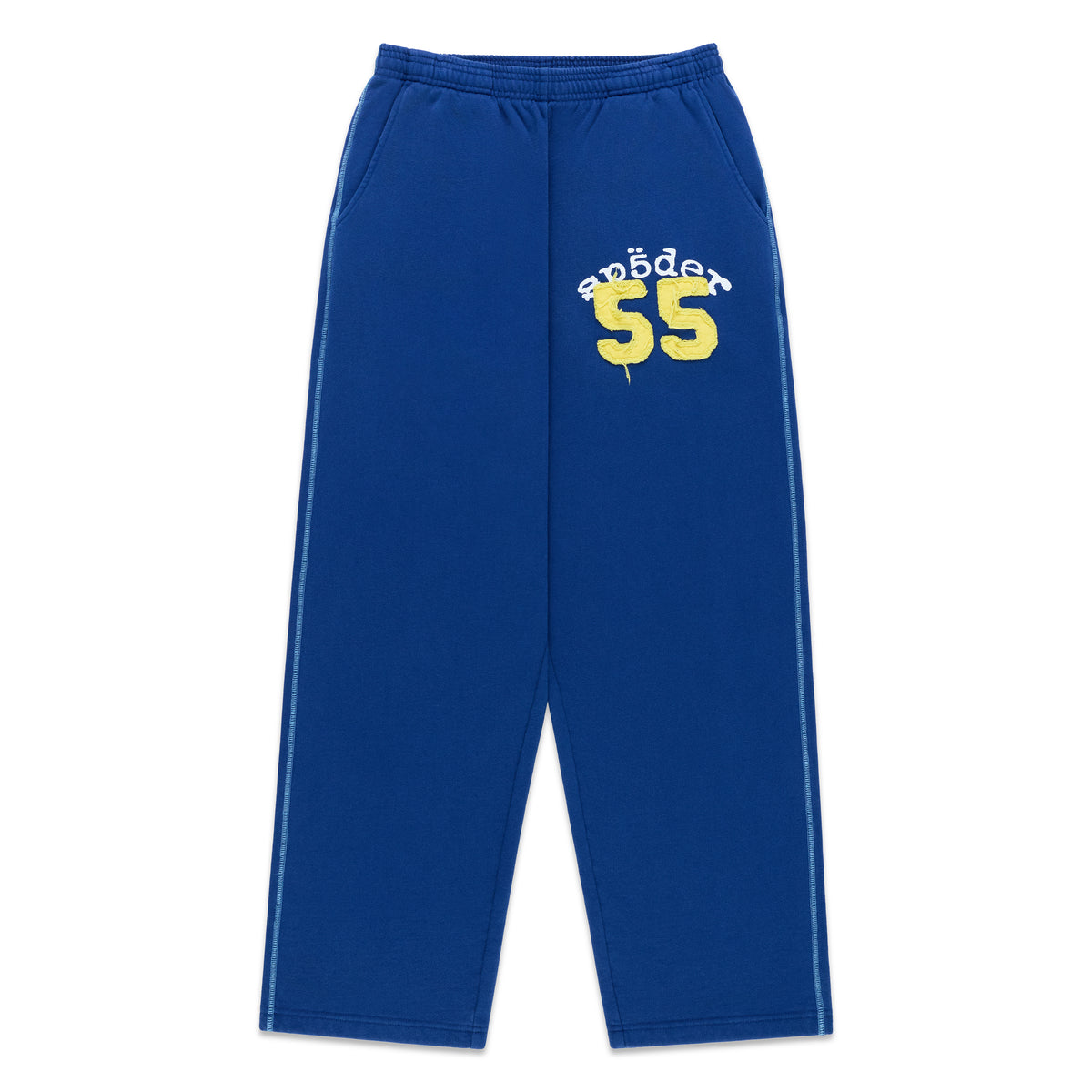 Blue wide-leg cotton fleece sweatpants with contrast stitching, drawstring waist, and yellow 55 graphic patch.