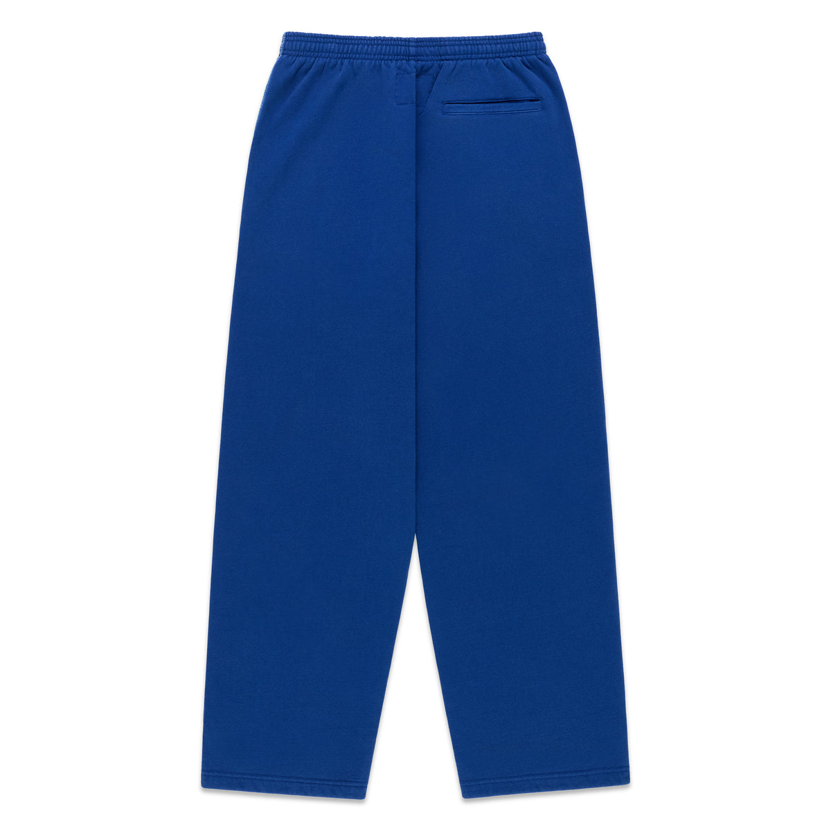Blue wide-leg cotton fleece sweatpants with an elasticized waistband and back pocket detailing.