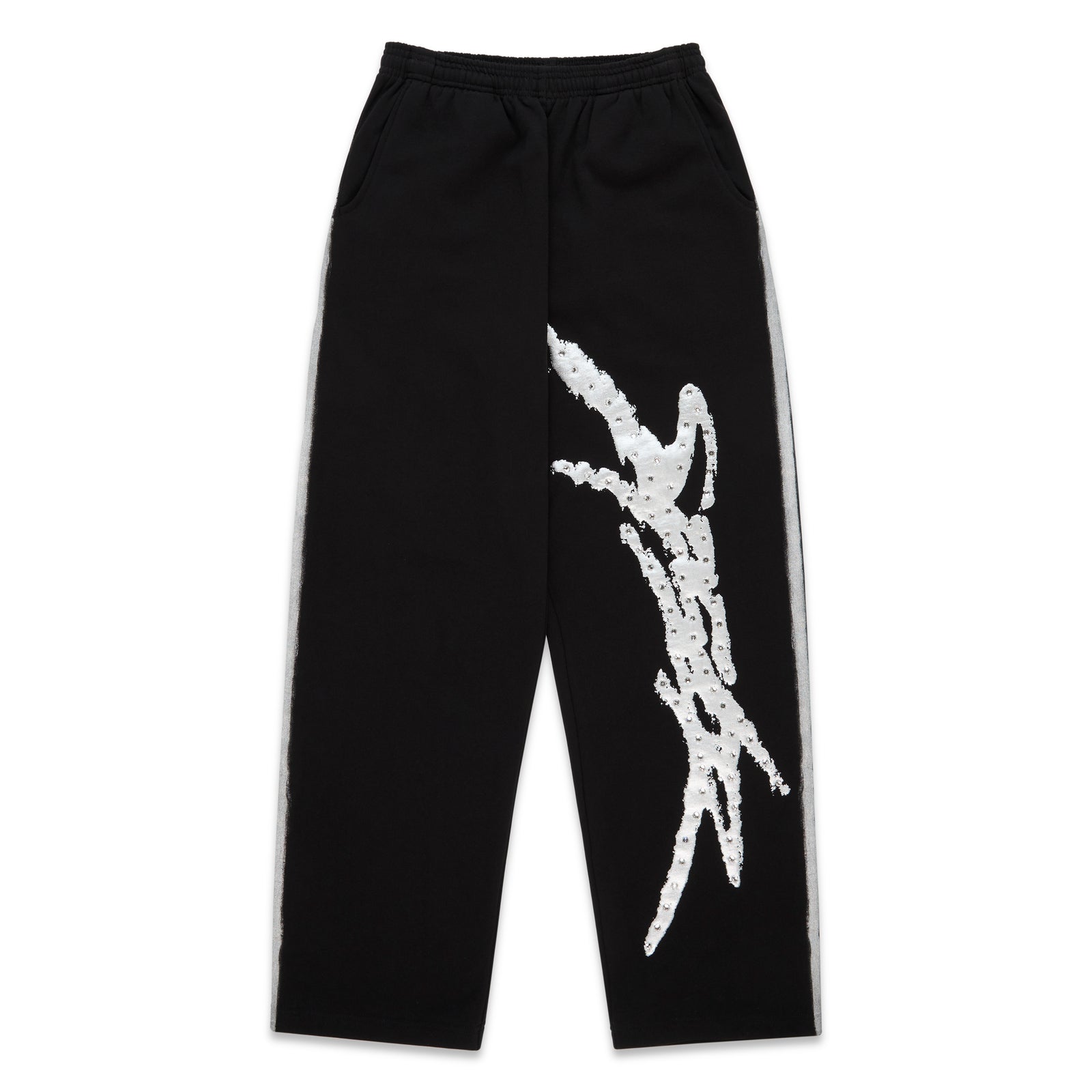 Black cotton fleece sweatpants with rhinestone SP5DER logo and sprayed-effect side stripe.