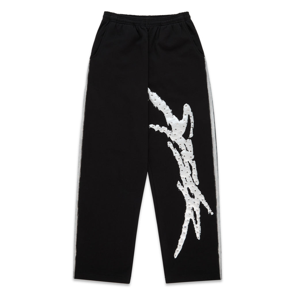 Black cotton fleece sweatpants with rhinestone SP5DER logo and sprayed-effect side stripe.