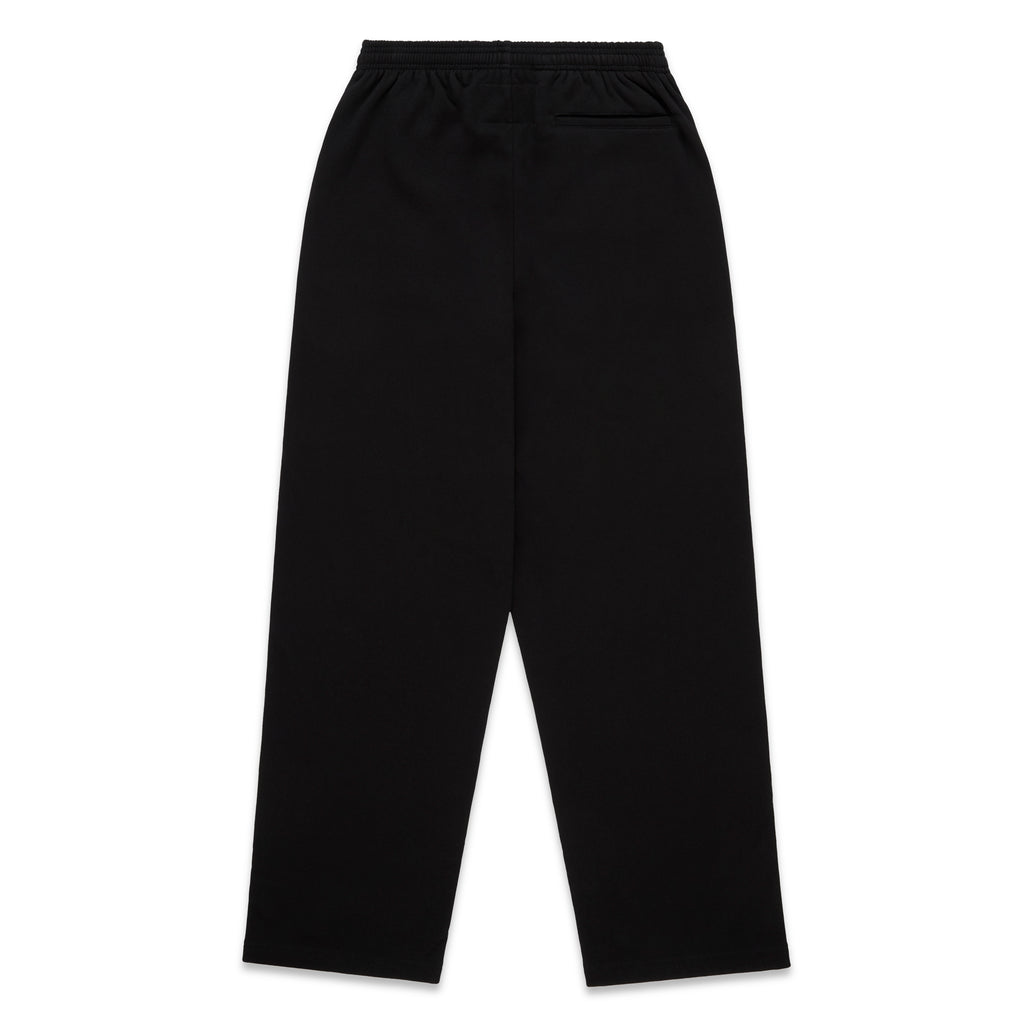 Black cotton fleece wide-leg sweatpants with elasticized waistband.