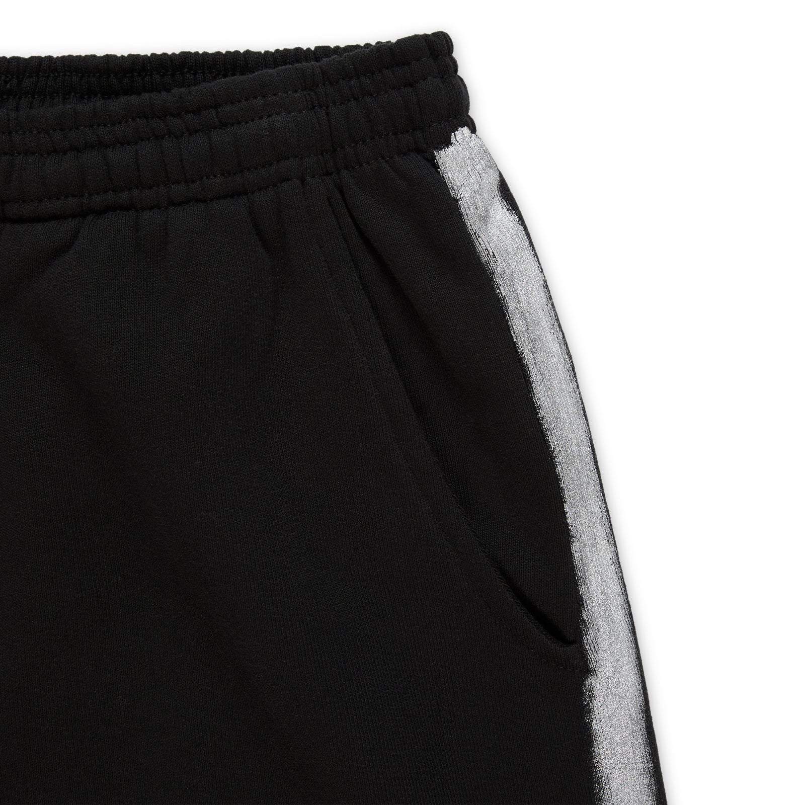 Black cotton fleece sweatpant with elasticized waistband, pocket, and sprayed-effect silver side stripe.