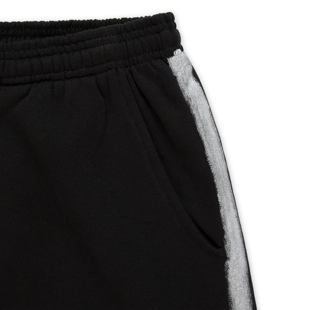 Black cotton fleece sweatpant with elasticized waistband, pocket, and sprayed-effect silver side stripe.
