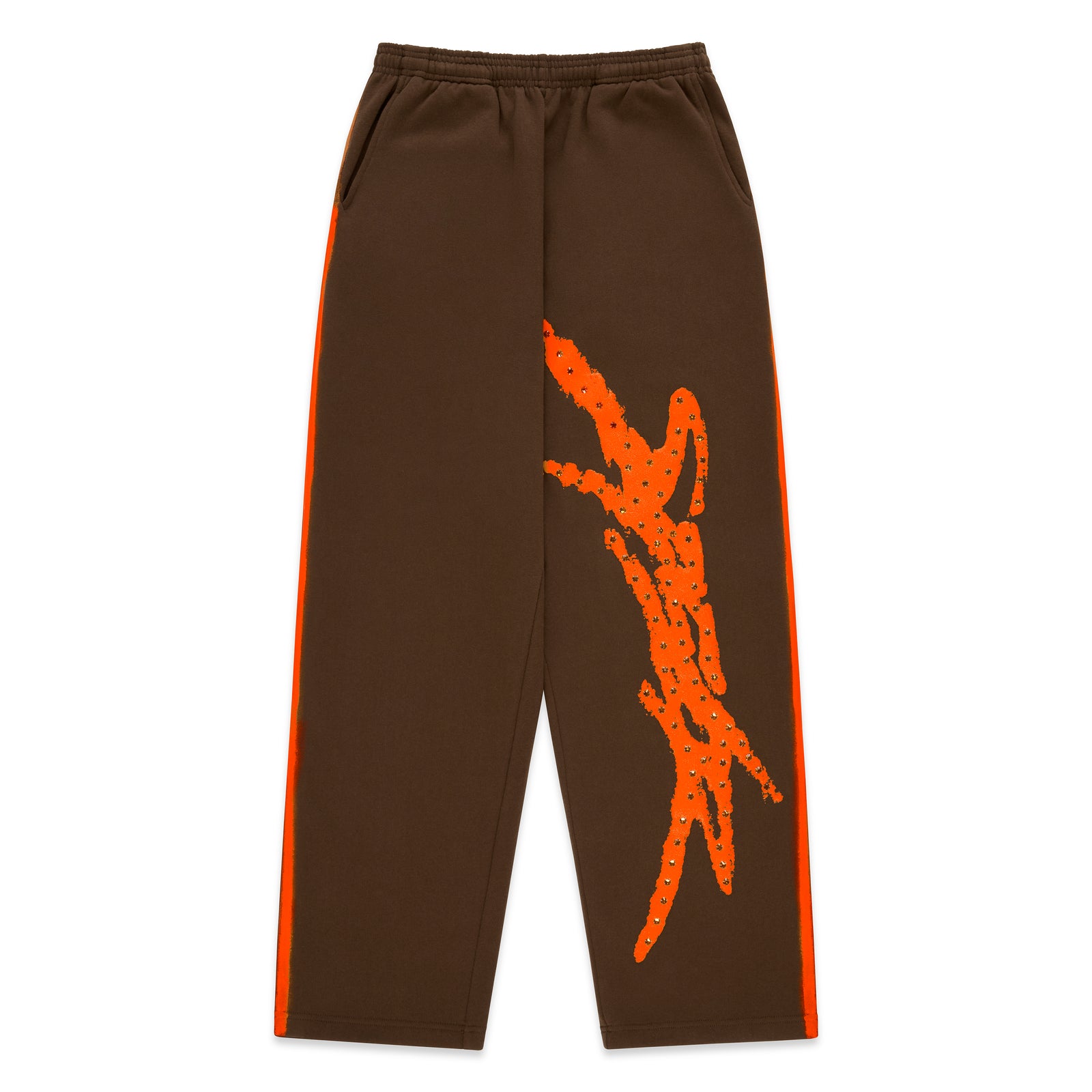 Brown cotton fleece sweatpants with orange sprayed-effect side stripes and rhinestone "SP5DER" logo.