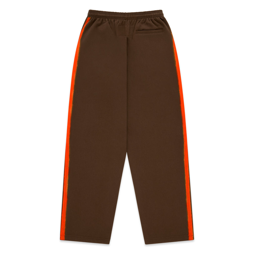 Brown cotton fleece sweatpants with orange sprayed-effect side stripes and elasticized waistband.