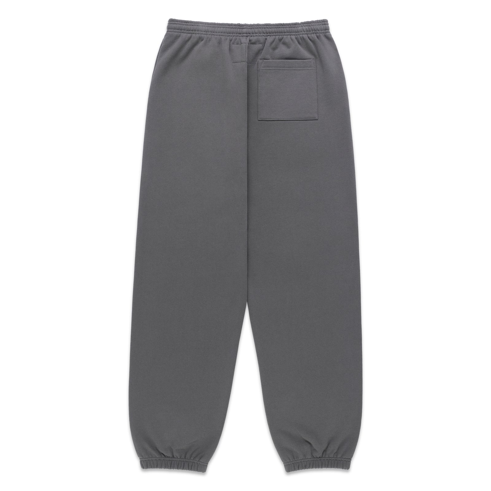 Gray 13oz cotton fleece sweatpants with elasticized waist and cuffs, and a single back pocket.