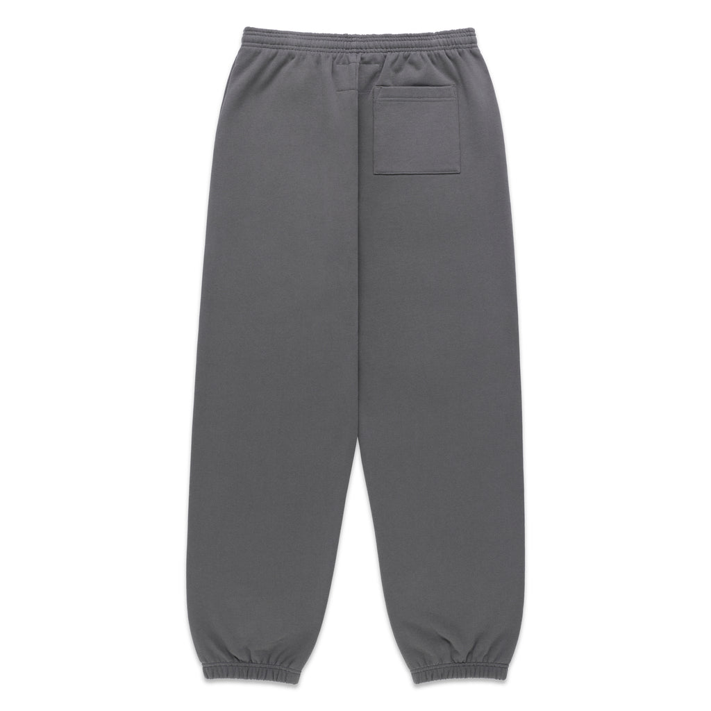 Gray 13oz cotton fleece sweatpants with elasticized waist and cuffs, and a single back pocket.