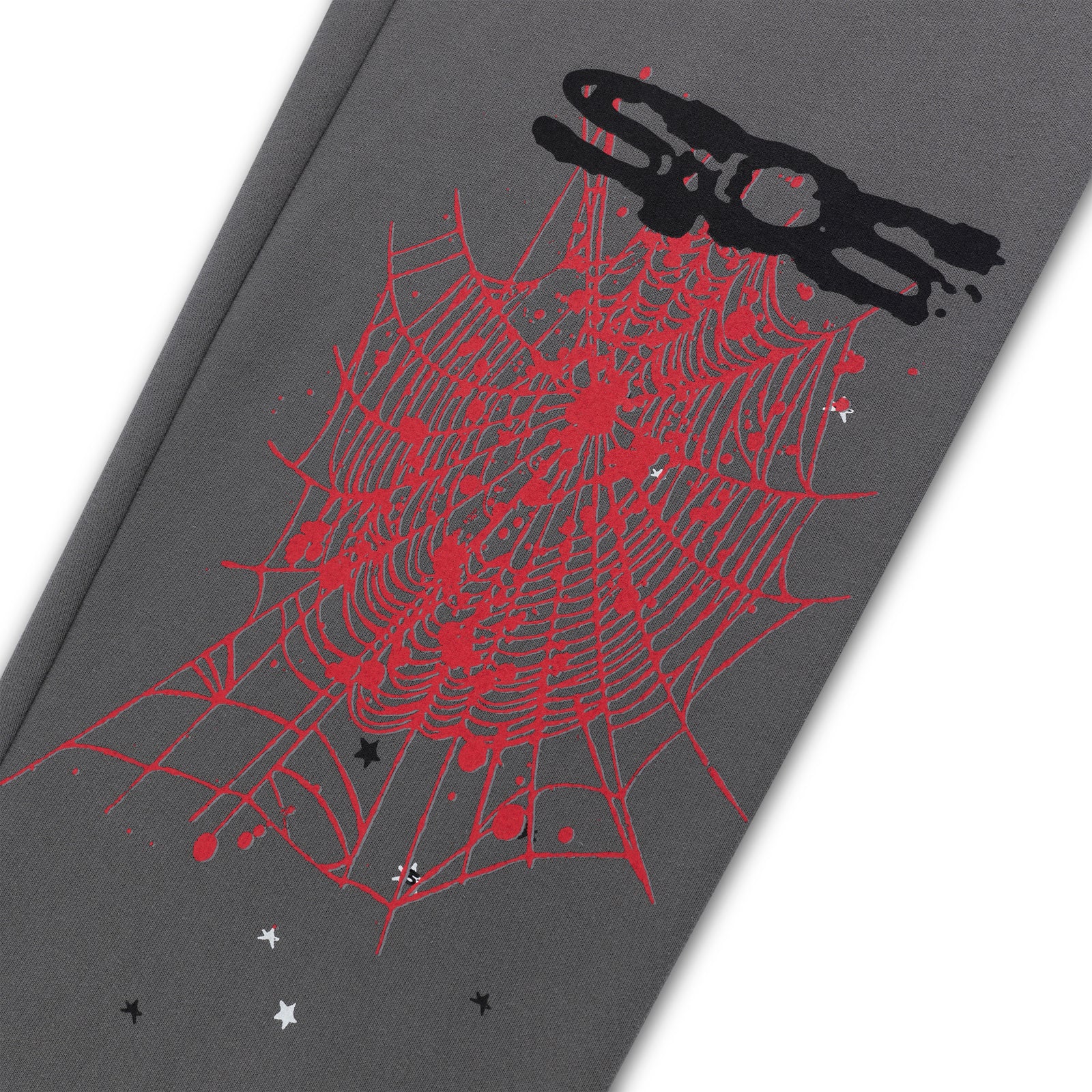 Gray fleece sweatpant with red web, black 'SP5DER' puff print, and scattered stars.