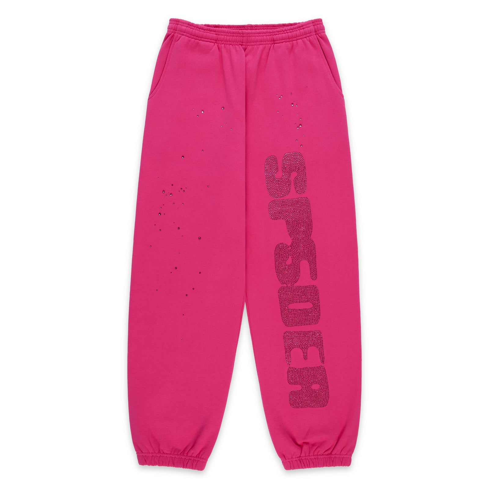Pink 100% cotton fleece sweatpants with "SP5DER" in rhinestones on the leg.
