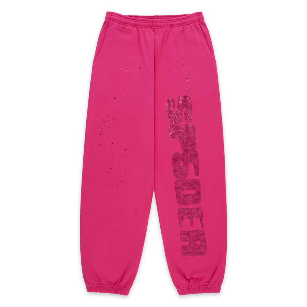 Pink 100% cotton fleece sweatpants with "SP5DER" in rhinestones on the leg.