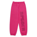 Pink 100% cotton fleece sweatpants with "SP5DER" in rhinestones on the leg.
