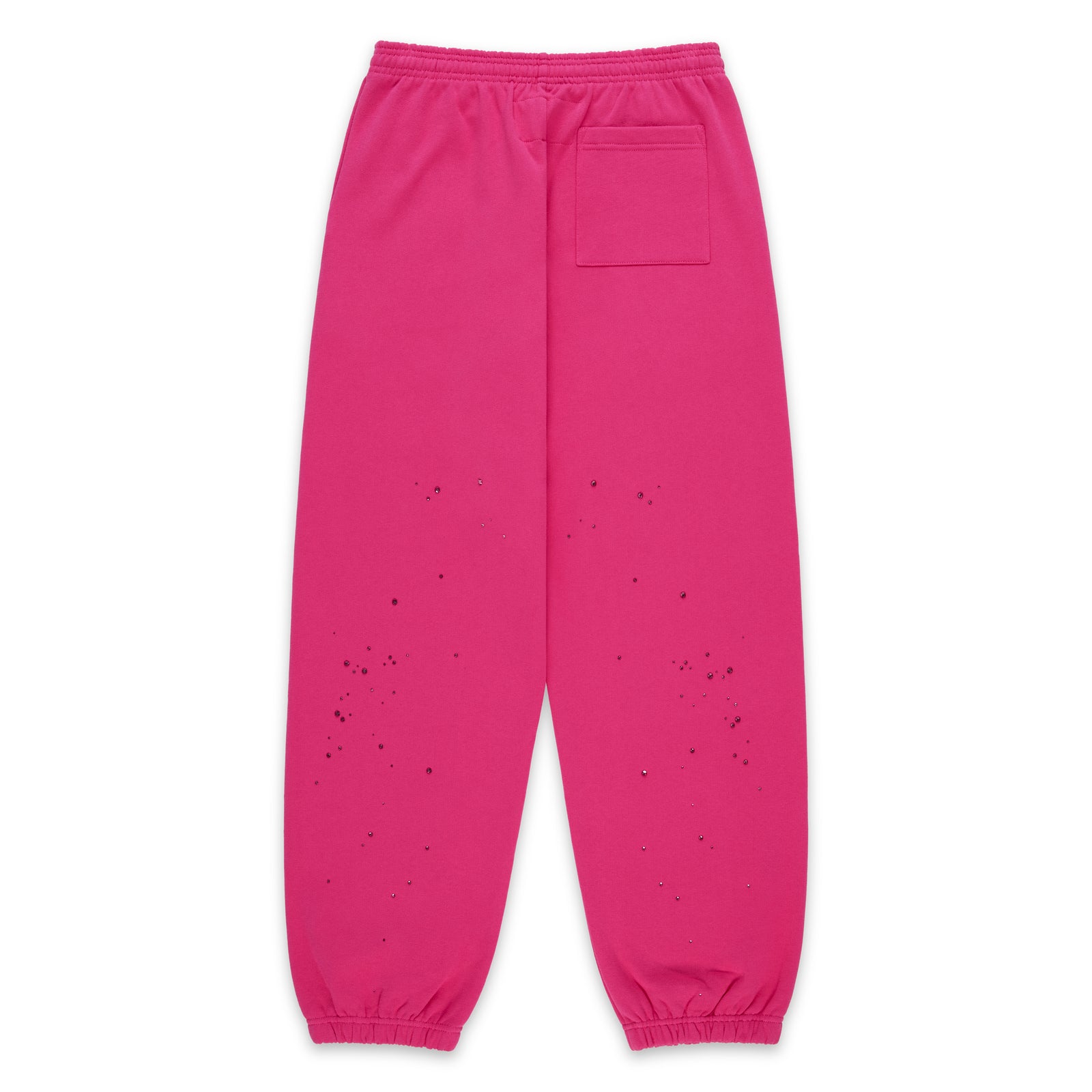 Pink 100% cotton fleece sweatpants with rhinestone embellishments, elasticized waistband, and cuffs.