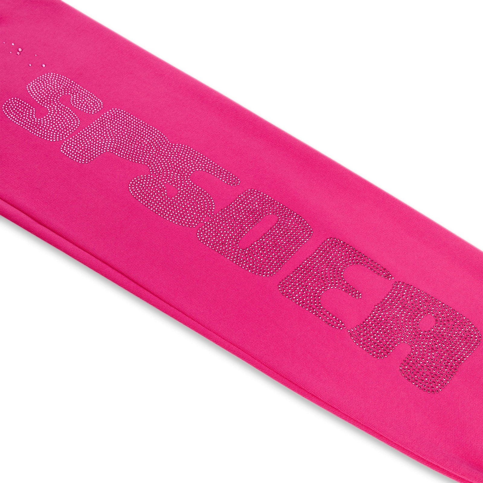 Pink silk sweatpant with "SPIDER" in rhinestone embellishment on the leg.