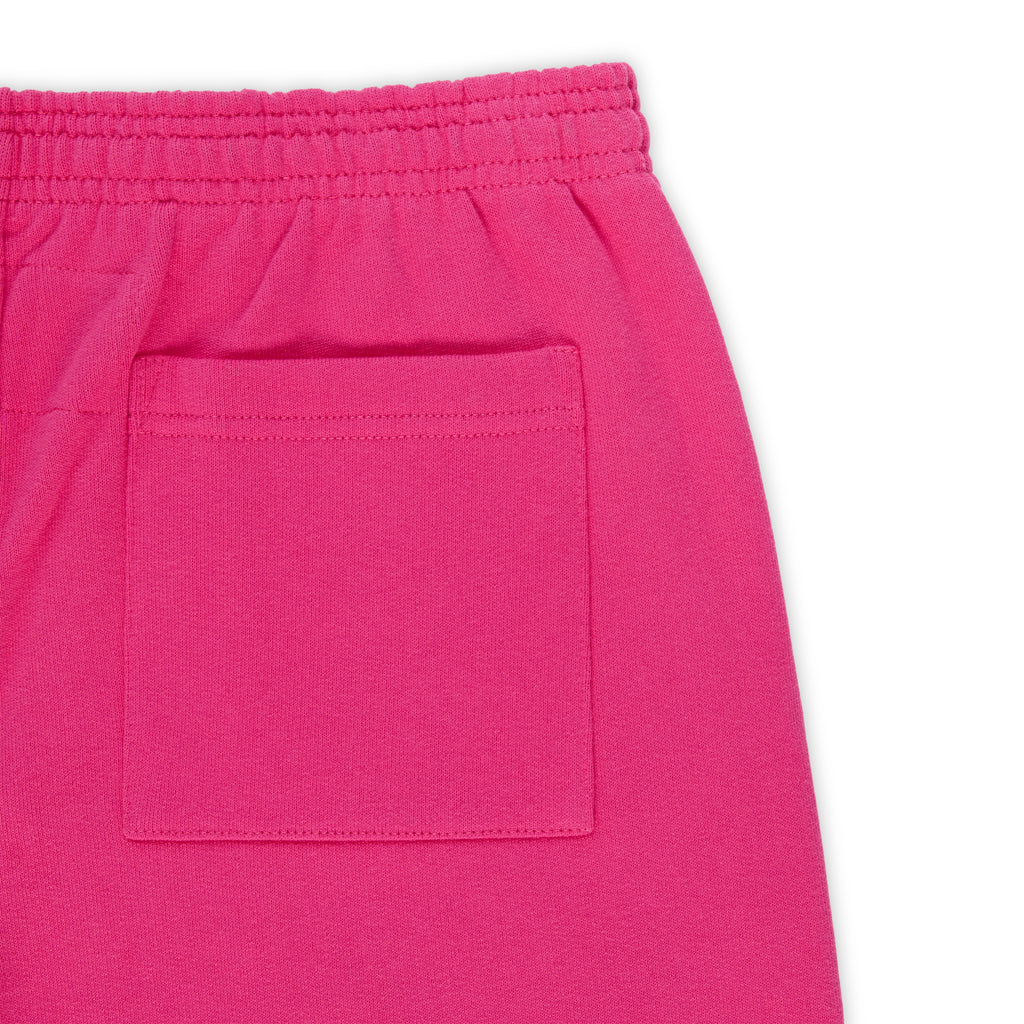 Pink 100% cotton fleece sweatpant with elasticized waistband and back pocket.
