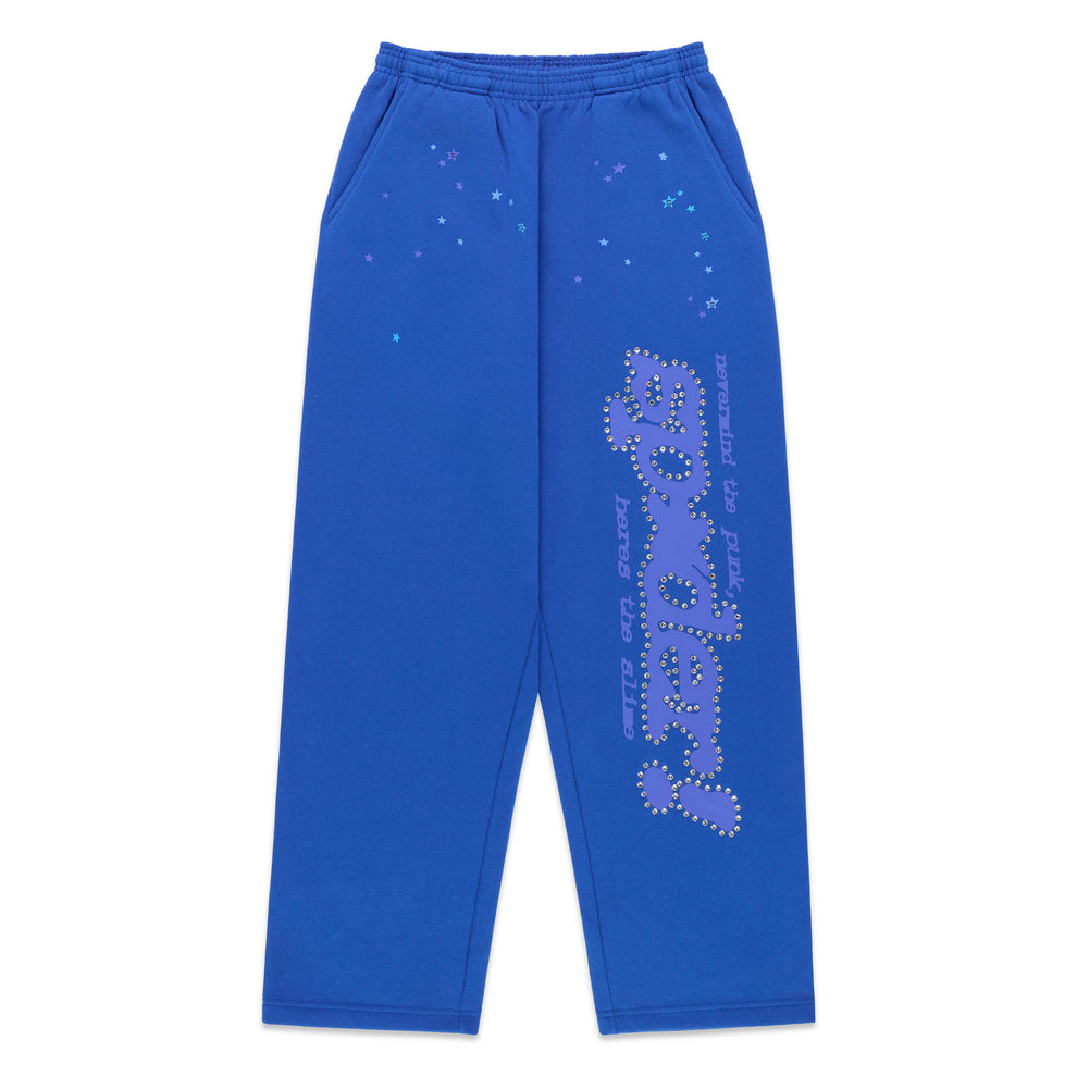 Blue RHINESTONE PUNK V2 SWEATPANT with silver studs forming "whatever" and "nevermind the punks" text, plus scattered star rhinestones.