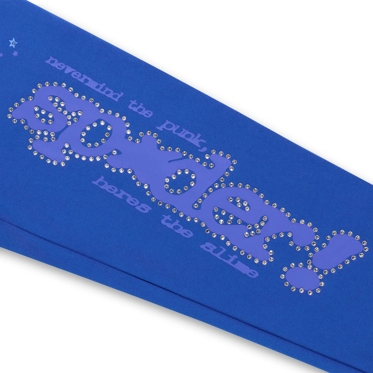 Blue RHINESTONE PUNK V2 SWEATPANT with "nevermind the punk, heres the slime" text and rhinestone accents.