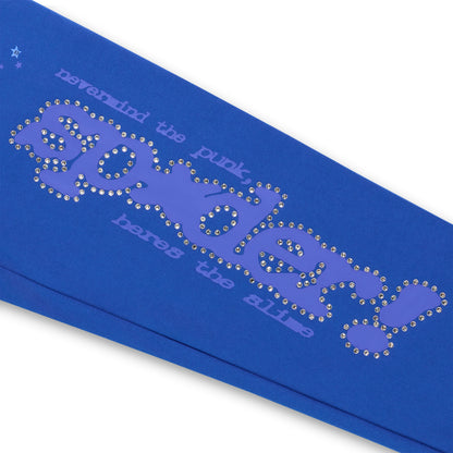 Blue RHINESTONE PUNK V2 SWEATPANT with "nevermind the punk, heres the slime" text and rhinestone accents.