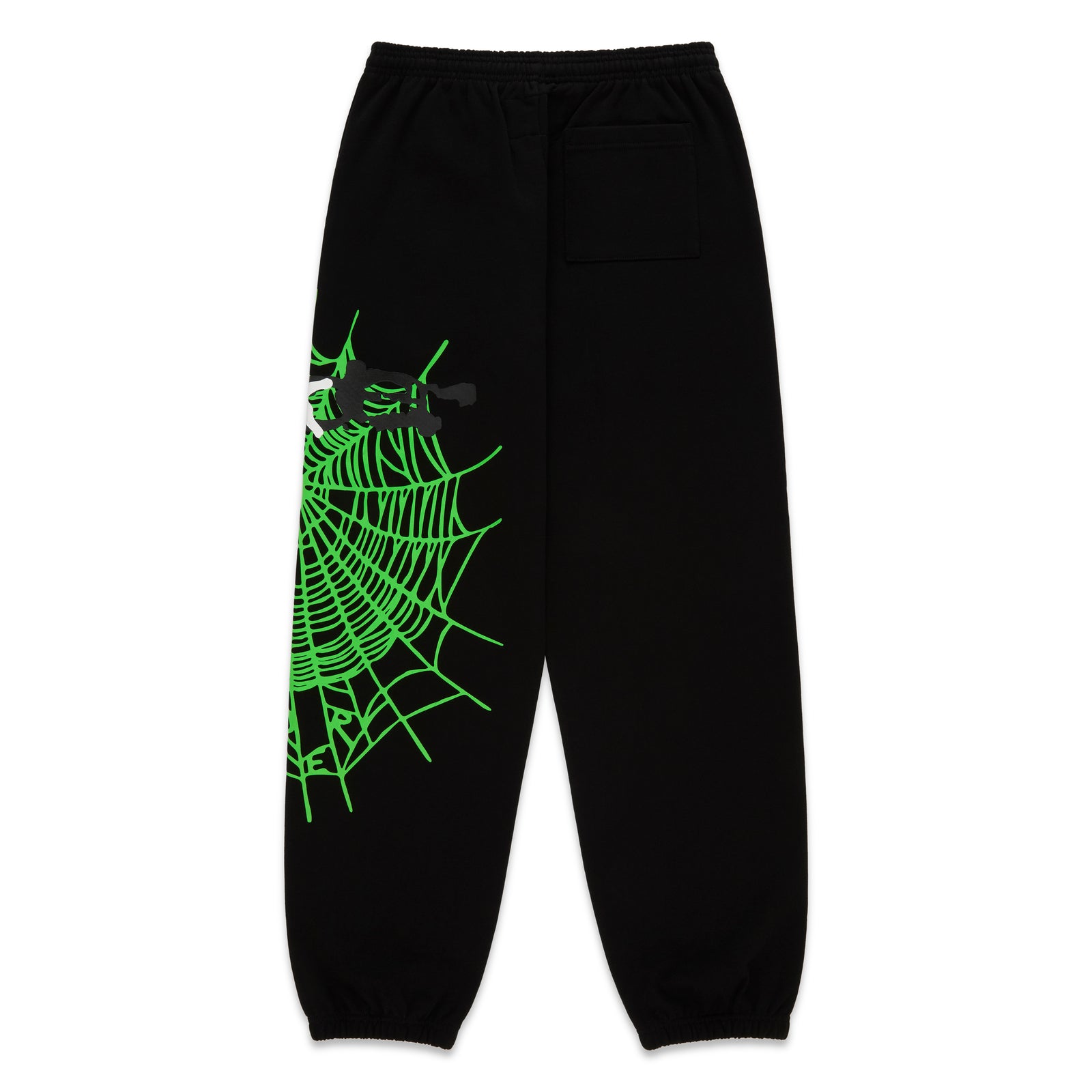 Black HEAVY WEB SWEATPANT with a vibrant green SP5DER web graphic and scattered stars.