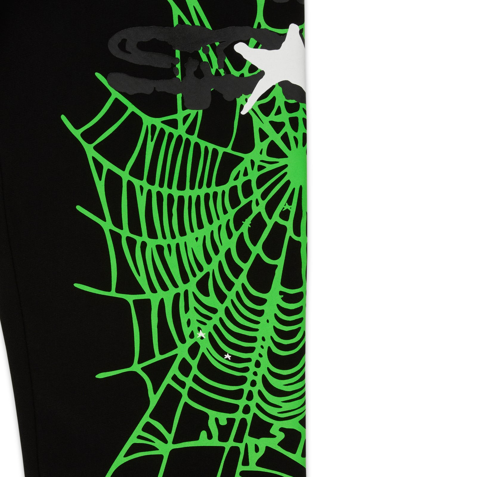Black HEAVY WEB SWEATPANT with neon green SP5DER web graphic and scattered stars.