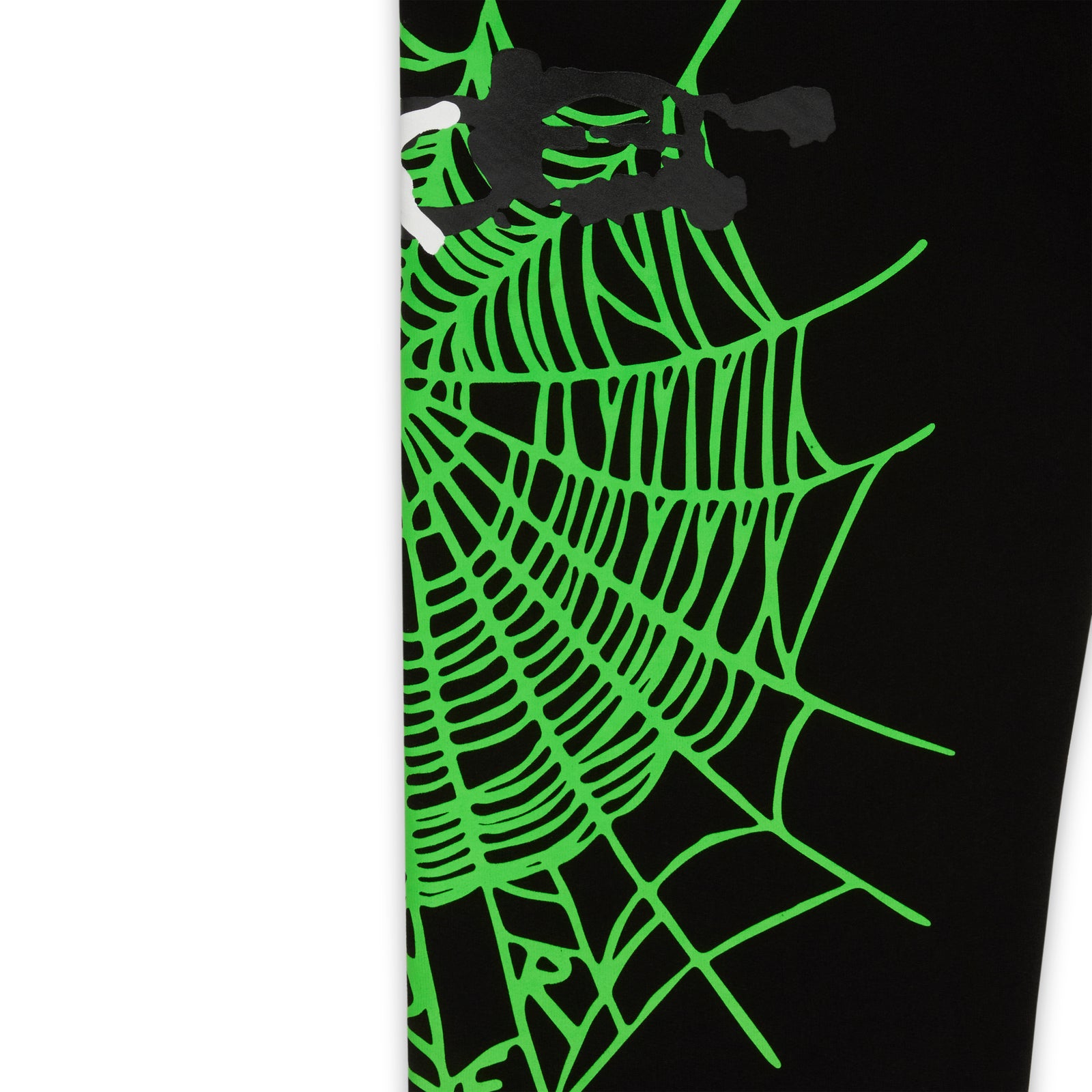 Black cotton fleece sweatpant with bright green SP5DER web graphic and scattered stars.