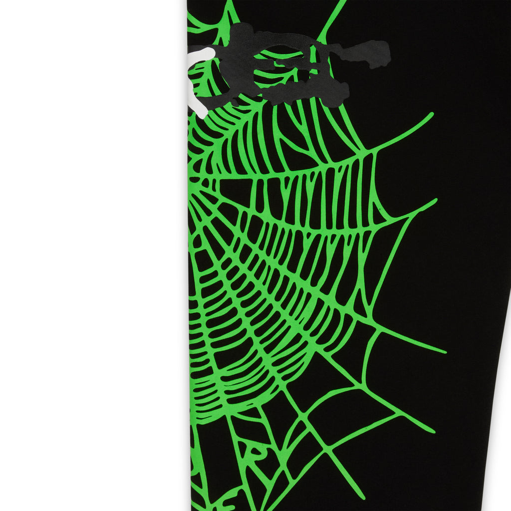 Black cotton fleece sweatpant with bright green SP5DER web graphic and scattered stars.