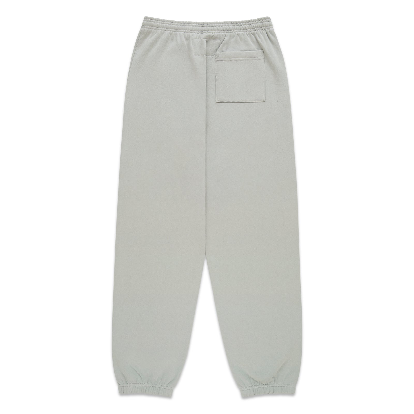 Light grey 100% cotton fleece sweatpants with elasticized waistband and cuffs, featuring a single back pocket.