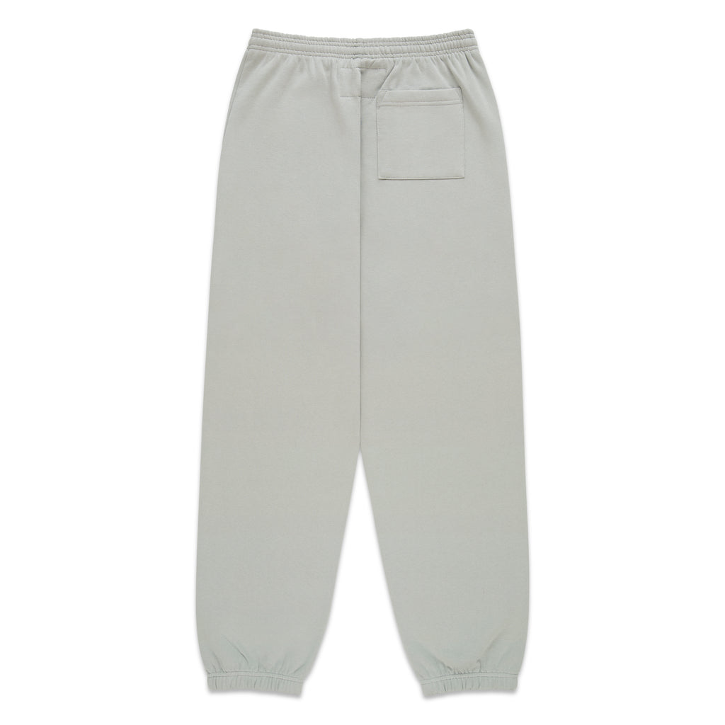 Light grey 100% cotton fleece sweatpants with elasticized waistband and cuffs, featuring a single back pocket.