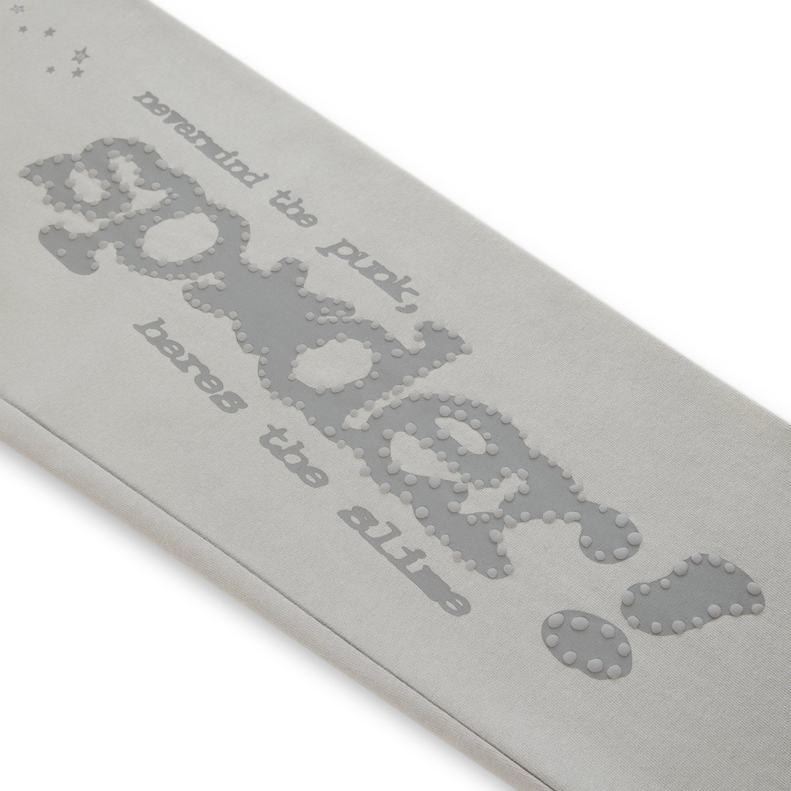Light gray cotton fleece sweatpant with "Sp5der" puff print and "nevermind the punk, heres the slime" text.