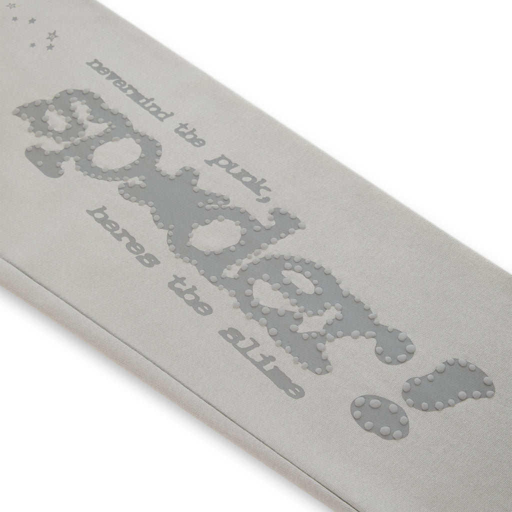 Light gray cotton fleece sweatpant with "Sp5der" puff print and "nevermind the punk, heres the slime" text.