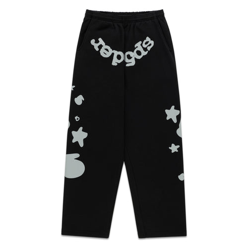 Black cotton fleece sweatpants with reflective "SP5DER" text at crotch and star/5 designs.