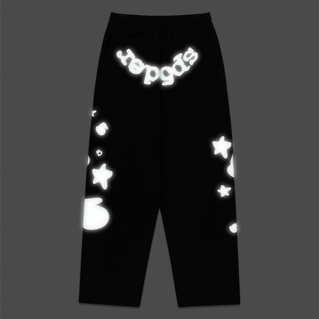 Black cotton fleece sweatpants with reflective "SP5DER" text, '5', and star designs.