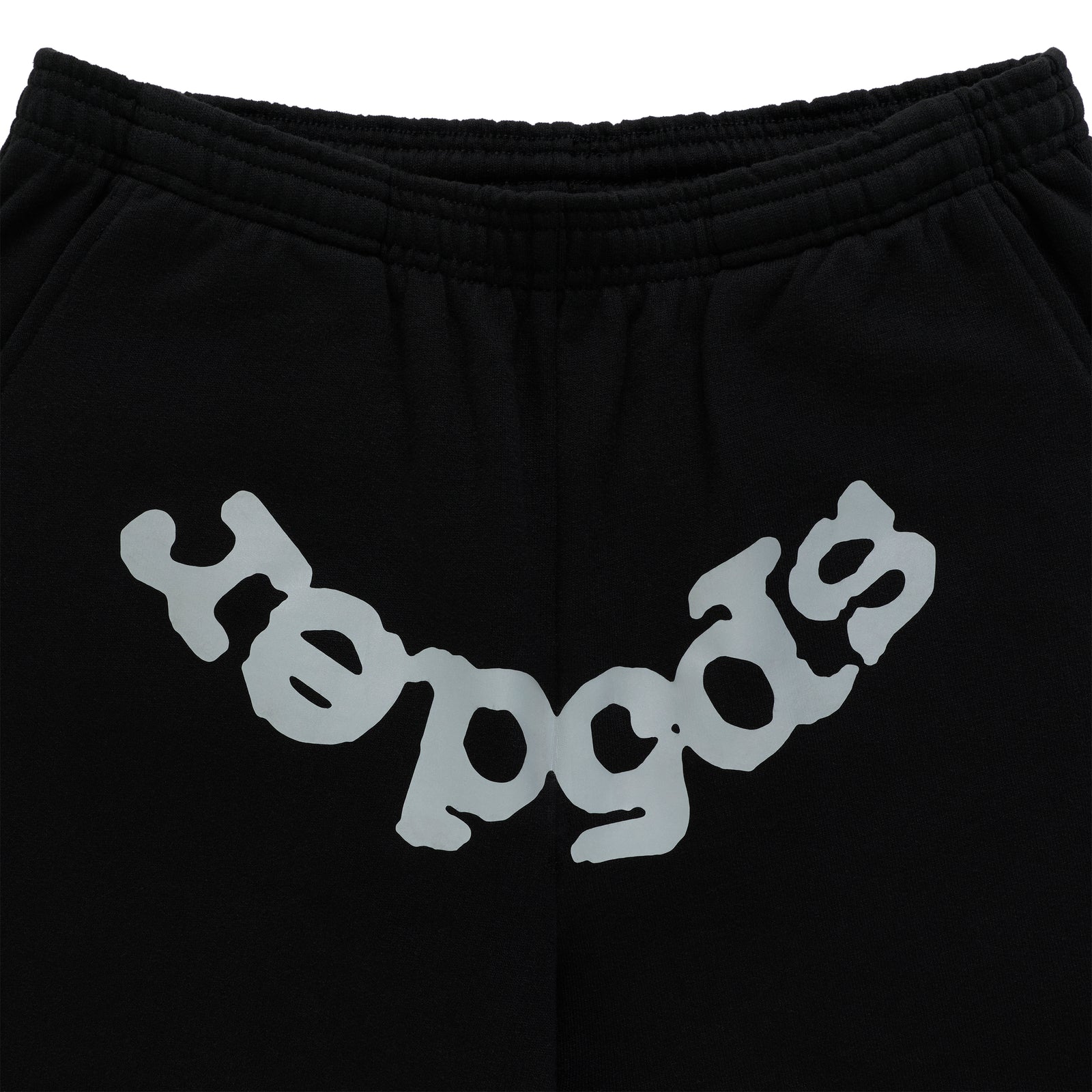 Black cotton fleece sweatpant with reflective "SP5DER" text at the crotch and elasticized waistband.