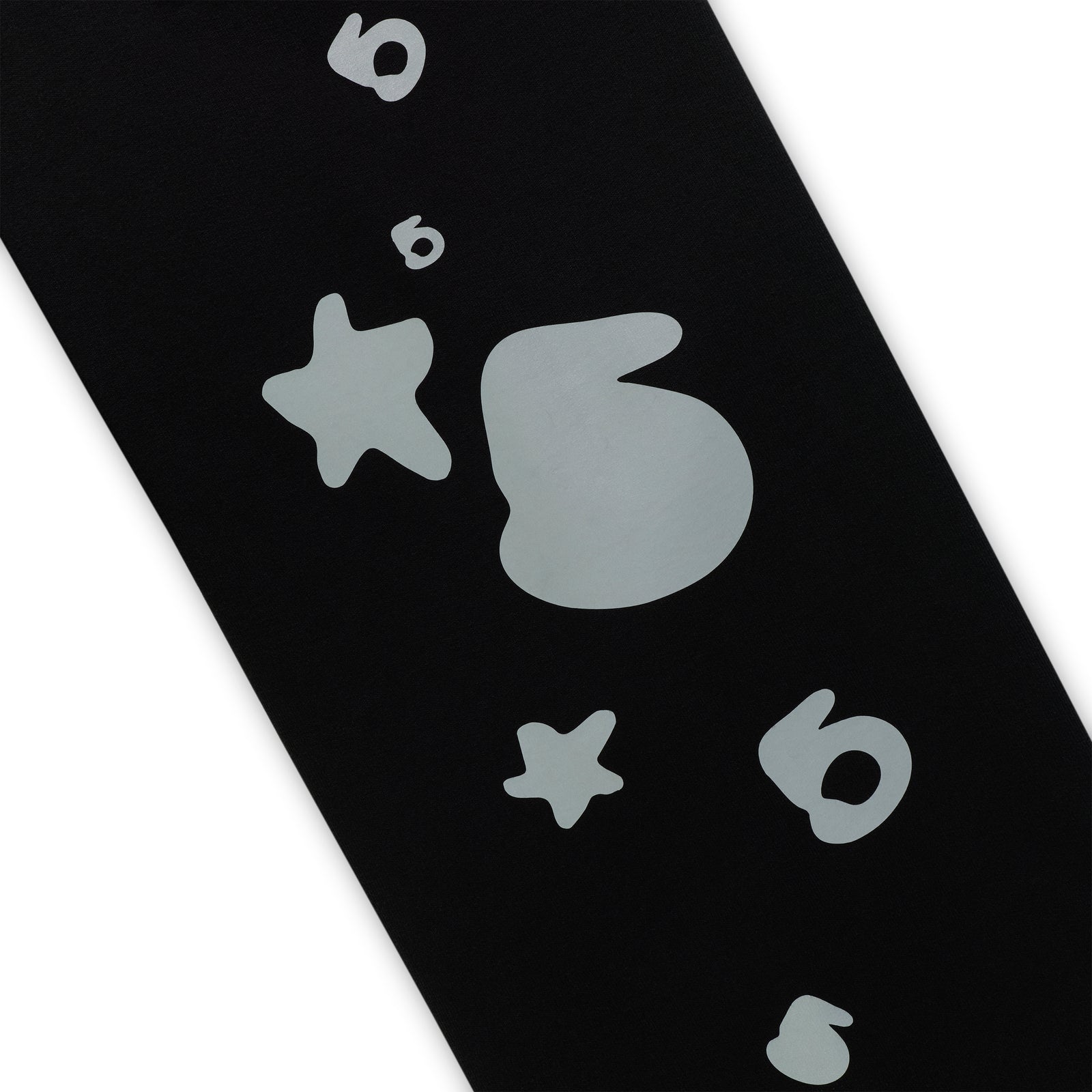 Black 13oz cotton fleece sweatpant with reflective 3M print, '5' and star designs.