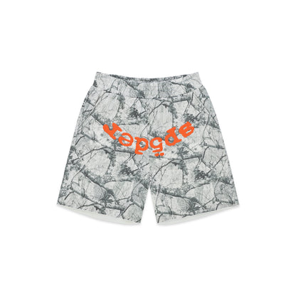 REALTREE OG WEB V2 SWEATSHORT: White camo 13oz cotton fleece shorts with orange "OG" text, drawcord, back pocket, and raw hem.