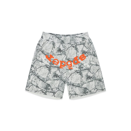REALTREE OG WEB V2 SWEATSHORT: White camo 13oz cotton fleece shorts with orange "OG" text, drawcord, back pocket, and raw hem.