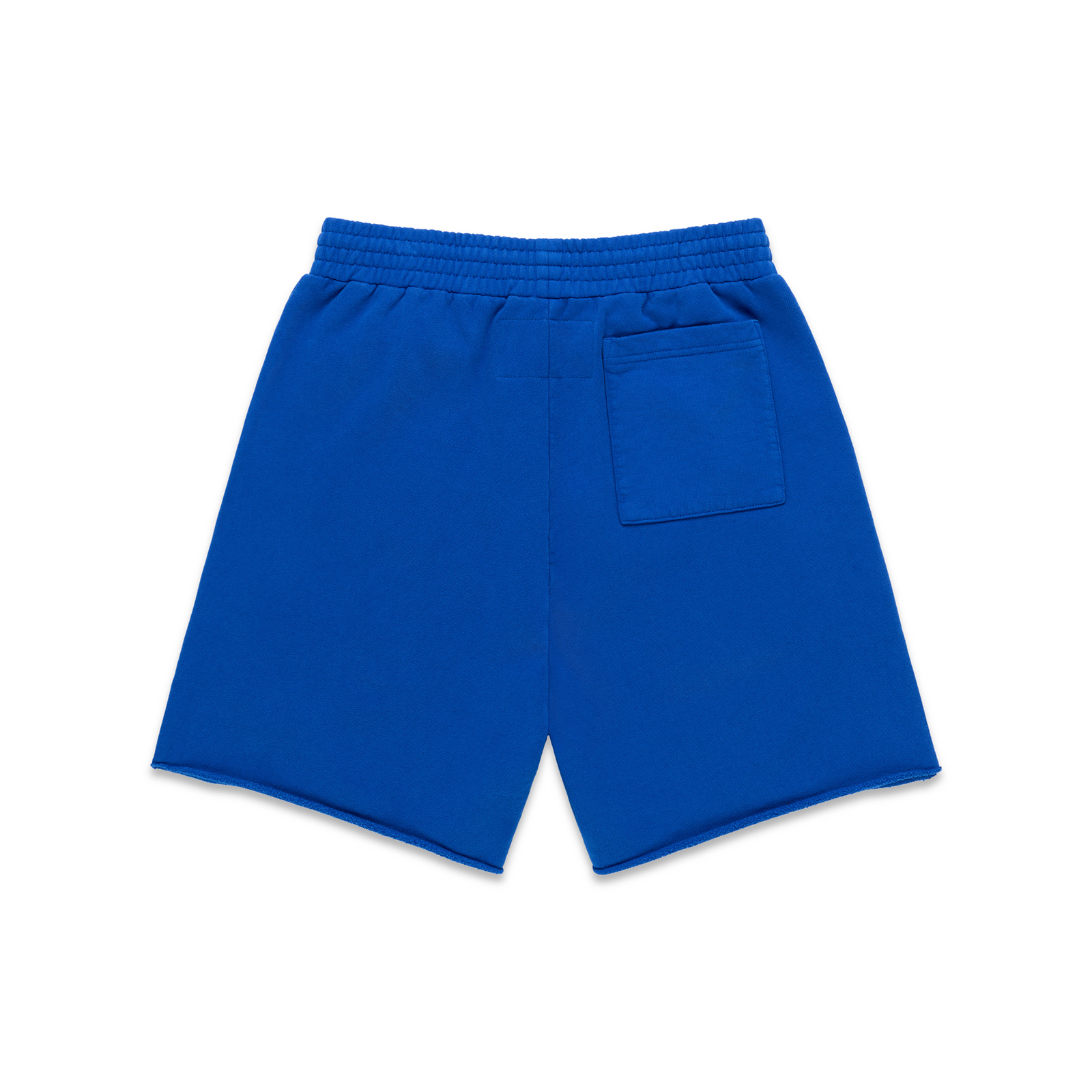 Blue 13oz cotton fleece sweatshorts with raw hem, drawcord waistband, and back patch pocket.